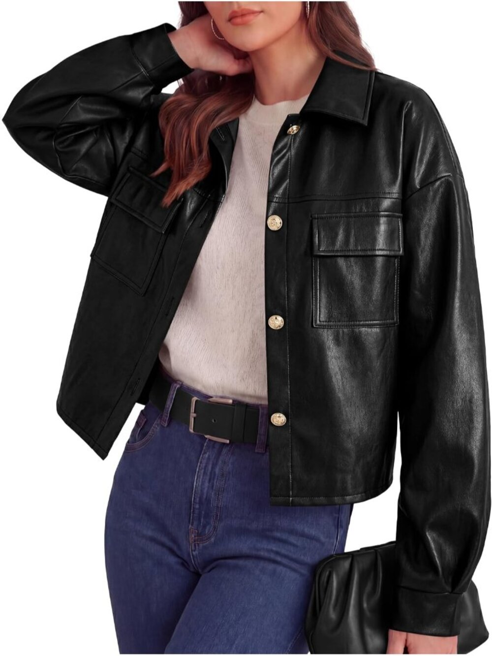 Women Black Leather Turn Down Collar Batwing Sleeve Motorcycle Bomber Jacket